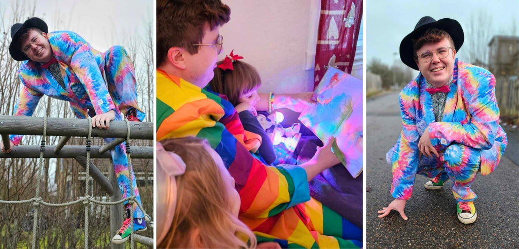 Flera färgfoton av Mikael Lind Crona, han klättrar klätterställning, läser för barn & sitter utomhus och ler mot kameran