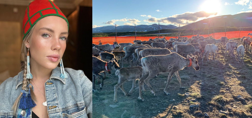 Till vänster, ett färgfoto på Evelina Solsten som bär kilmössa, till höger ett färgfoto av en flock renar