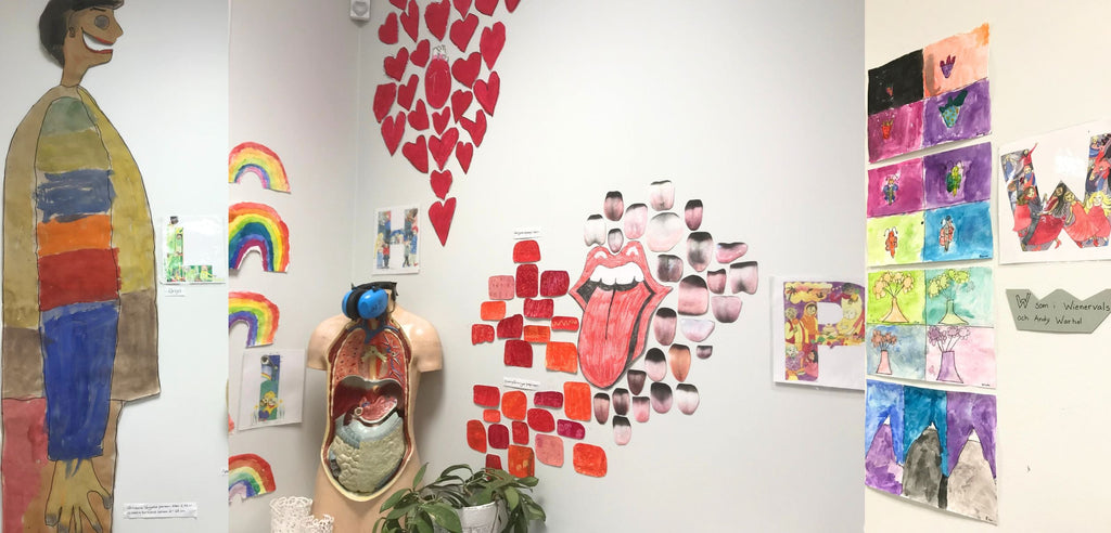 Flera färgfoton på teckningar ritade av barn som sitter på en vägg tillsammans med illustration från boken Kroppens ABC