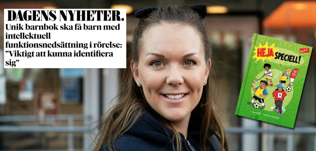 Färgfoto av Linnéa Björndahl som ler mot kameran, på bilden syns även en tidningsrubrik & omslaget till boken Heja speciell!