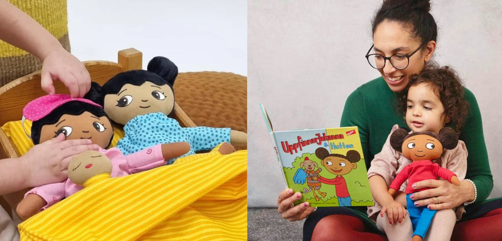 Vänster, några dockor med mörk hudton ligger i en docksäng. Höger, färgfoto på ett mamma, ett barn och en docka som läser