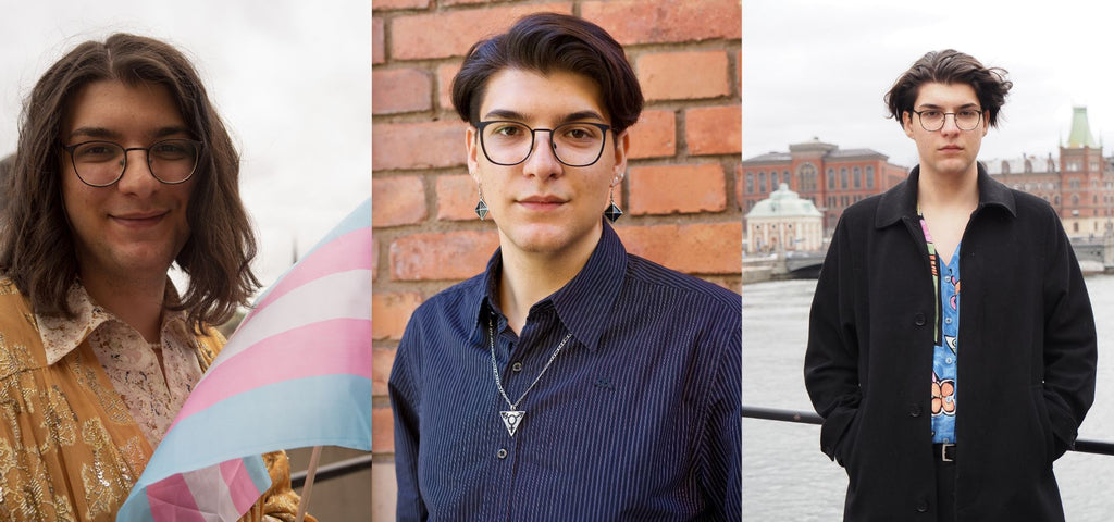  3 färgfoton av Elias Fjellander, han håller  i en transflagga, står mot en tegelvägg och utomhus vid vatten