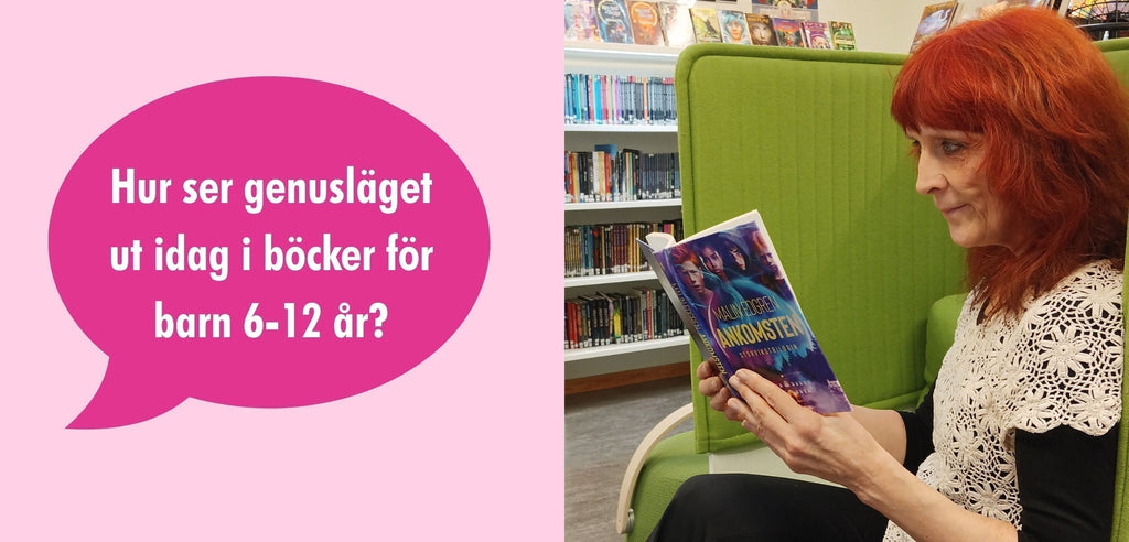 En mörkrosa pratbubbla med text mot ljusrosa bakgrund. Samt ett färgfoto på bibliotekarien Henrika Yasam Almström som läser