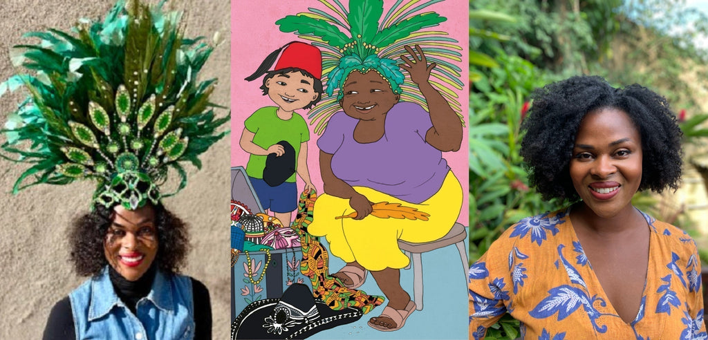 2 färgfoton på författaren och journalisten Rafaela Stålbalk Klose, i mitten en illustration från hennes bok Farmors hattar 