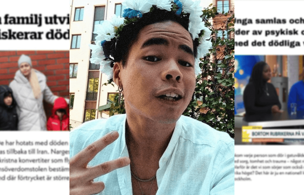 Ett färgfoto av Danny Lamm som står utomhus och ser in i kameran, bakom fotot syns flera tidningsrubriker 