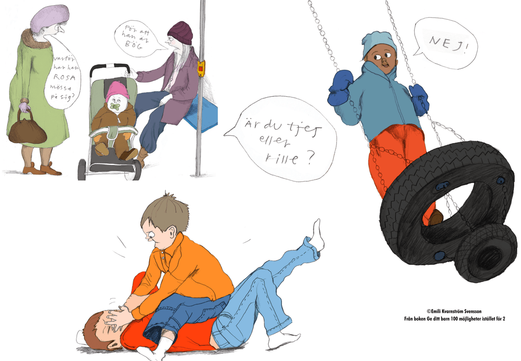 Tre olika illustrationer från boken Ge ditt barn 100 möjligheter istället för 2