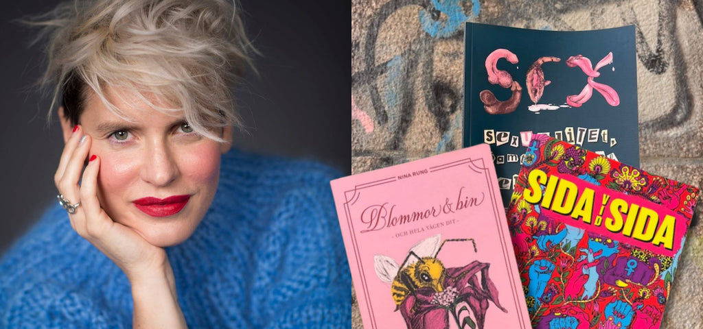 2 foton, det ena av författaren Nina Rung som ser in  i kameran, det andra av hennes 3 böcker mot en nerklottrad vägg