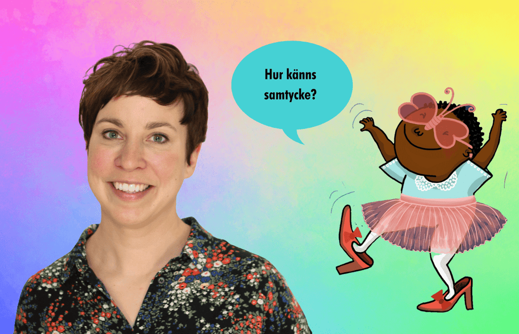 Ett färgfoto av Kristina Henkel & illustration av Hamsa från Känslodeckarna med en pratbubbla. Båda mot regnbågsbakgrund