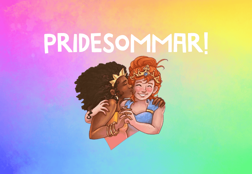 En illustration från Askungen mot en regnbågsbakgrund med vit text. Prinsessan pussar Askungen på kinden, de håller hand