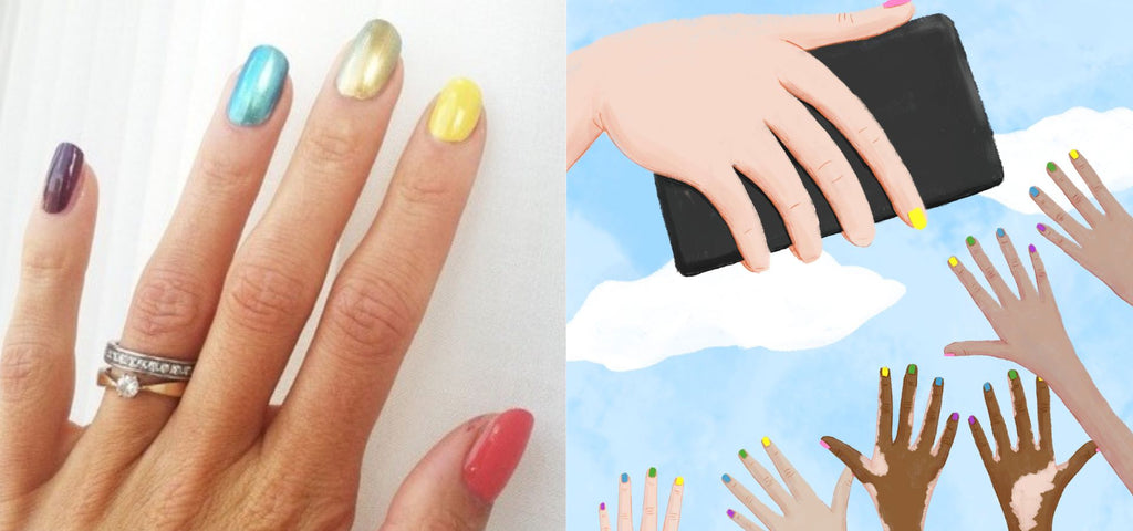 Ett färgfoto av hand med regnbågsnagellack. Till höger, en illustration från boken Flyg högt, Emma! av händer med detsamma