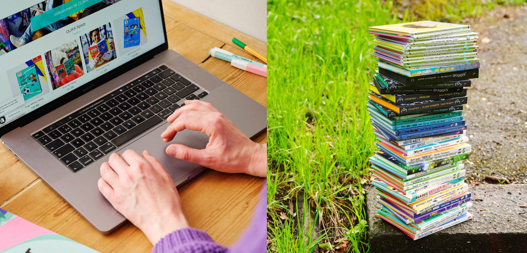 Färgfoto av en laptop på ett bord  Datorn har OLIKAS hemsida öppen. Till höger, foto på en hög med böcker, utomhus