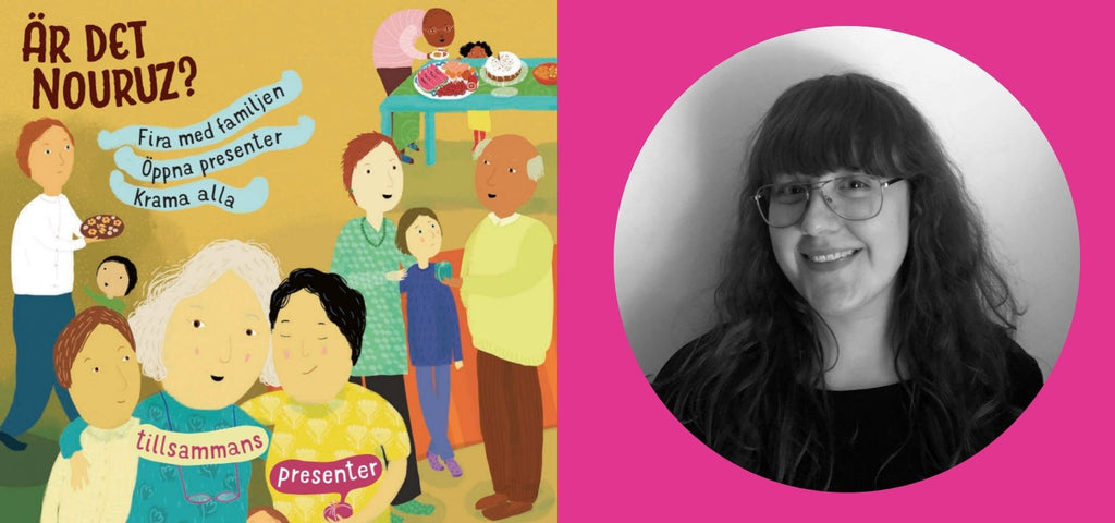 Till höger, illustration av människor som firar nouruz, till vänster, svartvitt foto av författaren Elina Garp med rosa ram