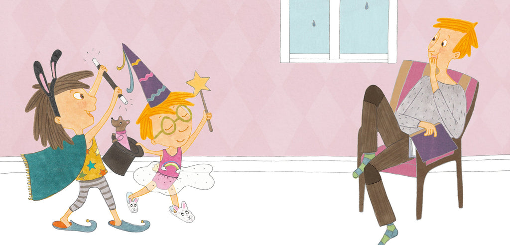 Illustration från Konrad klär på sig föreställande Konrad &  Hedvig, de trollar för mamma som sitter på en stol