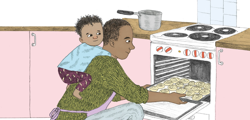 Illustration från boken Vi bakar bullar, en pappa och ett barn sätter in en plåt med bullar i ugnen 