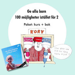 Metodboken 100 möjligheter istället för 2 syns på blå yta tillsammans med en illustration från boken 