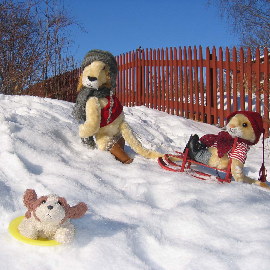 Flera gosedjur åker pulka och kälke i snön