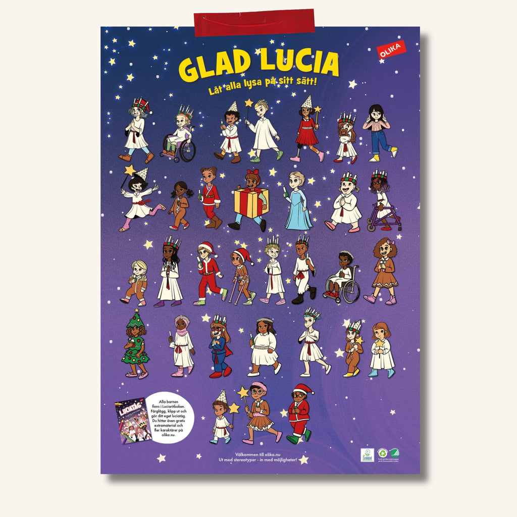Affisch med barn som går lucia. Alla barn har olika kroppar, kläder, hudfärg och funktion.