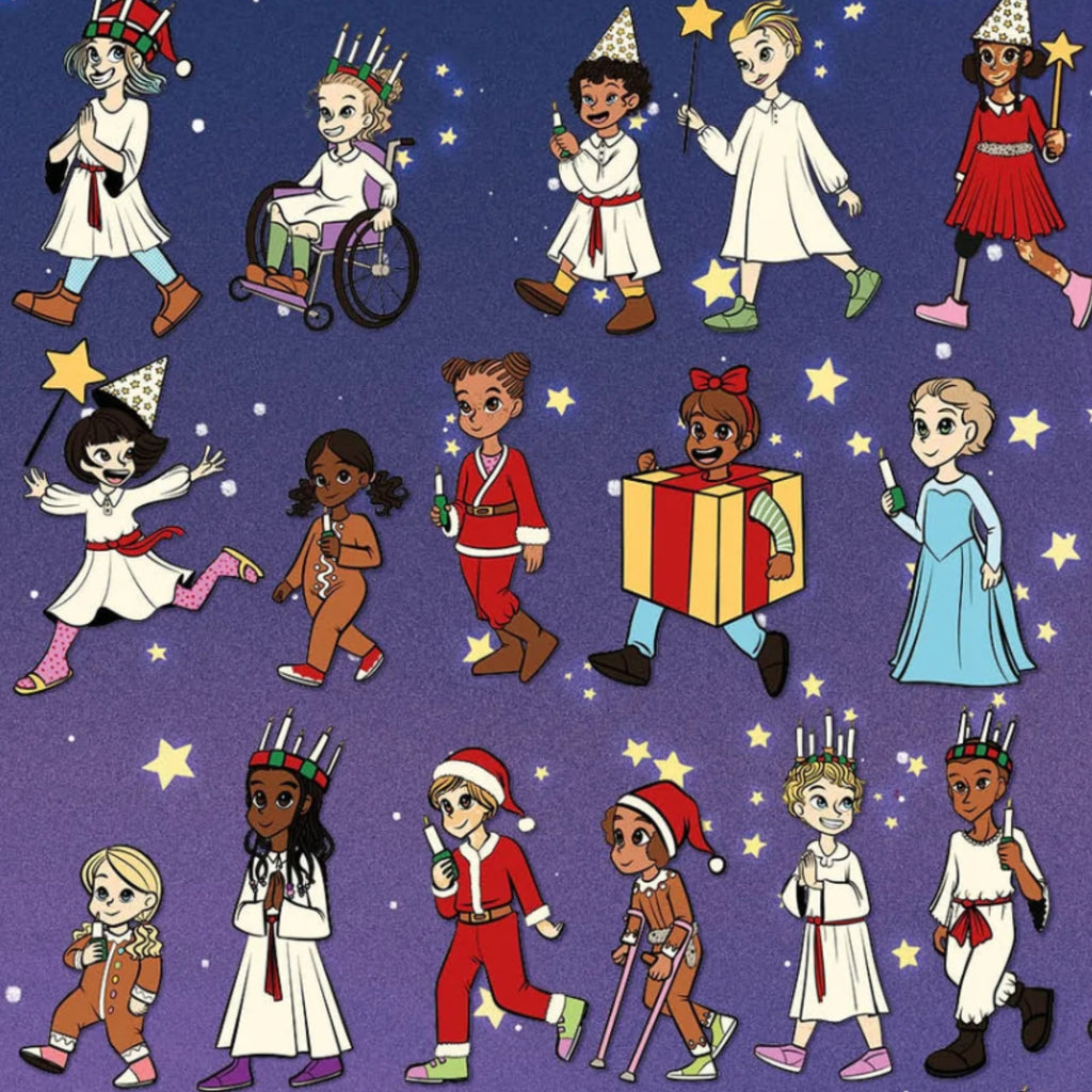 Närbild på affisch med barn i lucia- och tomtekläder. Alla barn har olika kroppar, kläder, hudfärg och funktion.