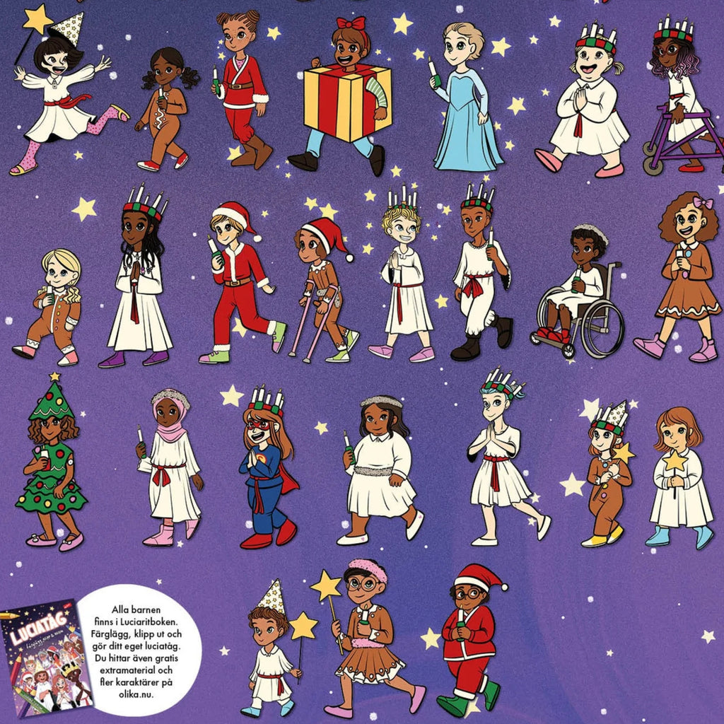Närbild på affisch med barn som går lucia. Alla barn har olika kroppar, kläder, hudfärg och funktion.