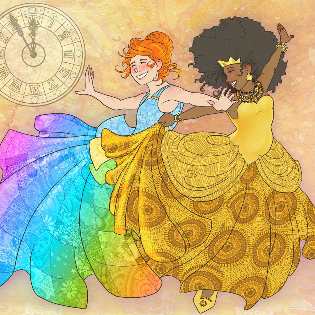 Askungen i regnbågsfärgad klänning och hennes prinsessa med brun hudfärg