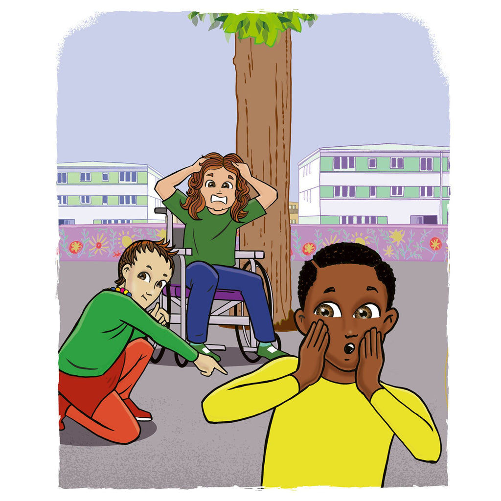  Bild från boken Ett fall för barnbyrån. Tre barn med olika hudfärg som klurar på ett fall som inte följer Barnkonventionen
