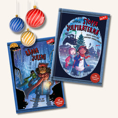 Kapitelböckerna Uppdrag: Rädda julen & Uppdrag: Stoppa julpiraterna på vit yta. Tre färgglada julkulor syns också