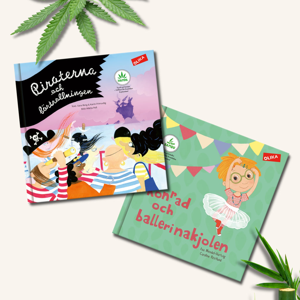 Piraterna & förtrollningen och Konrad och ballerinakjolen. Olika tjejpirater och kille med kjol på omslagen.