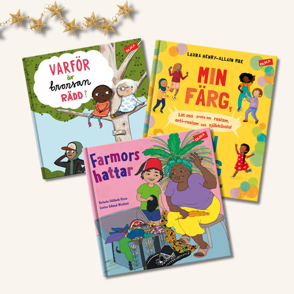 Böckerna Varför är brorsan rädd? Min färg, din färg och Farmors hattar - Personer med brun hudfärg på omslagen