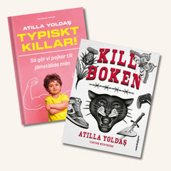 Metodböckerna "Typiskt killar" och "Killboken" båda för åldrarna 9-vuxen syns tillsammans på vit yta
