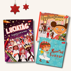 Målarboken Luciatåg på vit yta med bilderböckerna UppfinnarJohanna går lucia & Konrad lussar, samt 2 stjärnformade julkulor