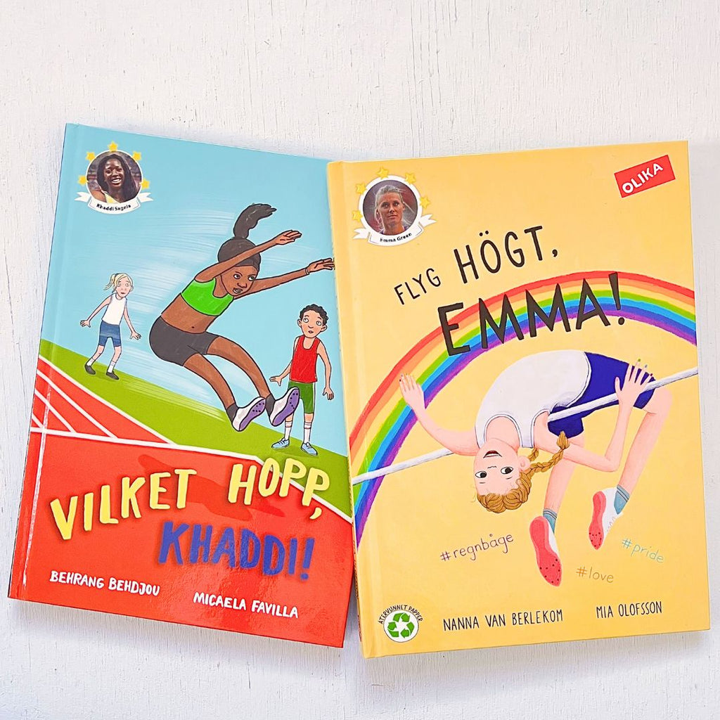Bokpaket Friidrott med barnböckerna Vilket hopp, Khaddi! och Flyg högt, Emma!
