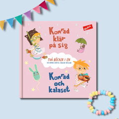 Bilderboken Konrad klär på sig & Konrad & kalaset - 2 böcker i 1! på blå yta med vimpelgirlanger & ett färgglatt armband