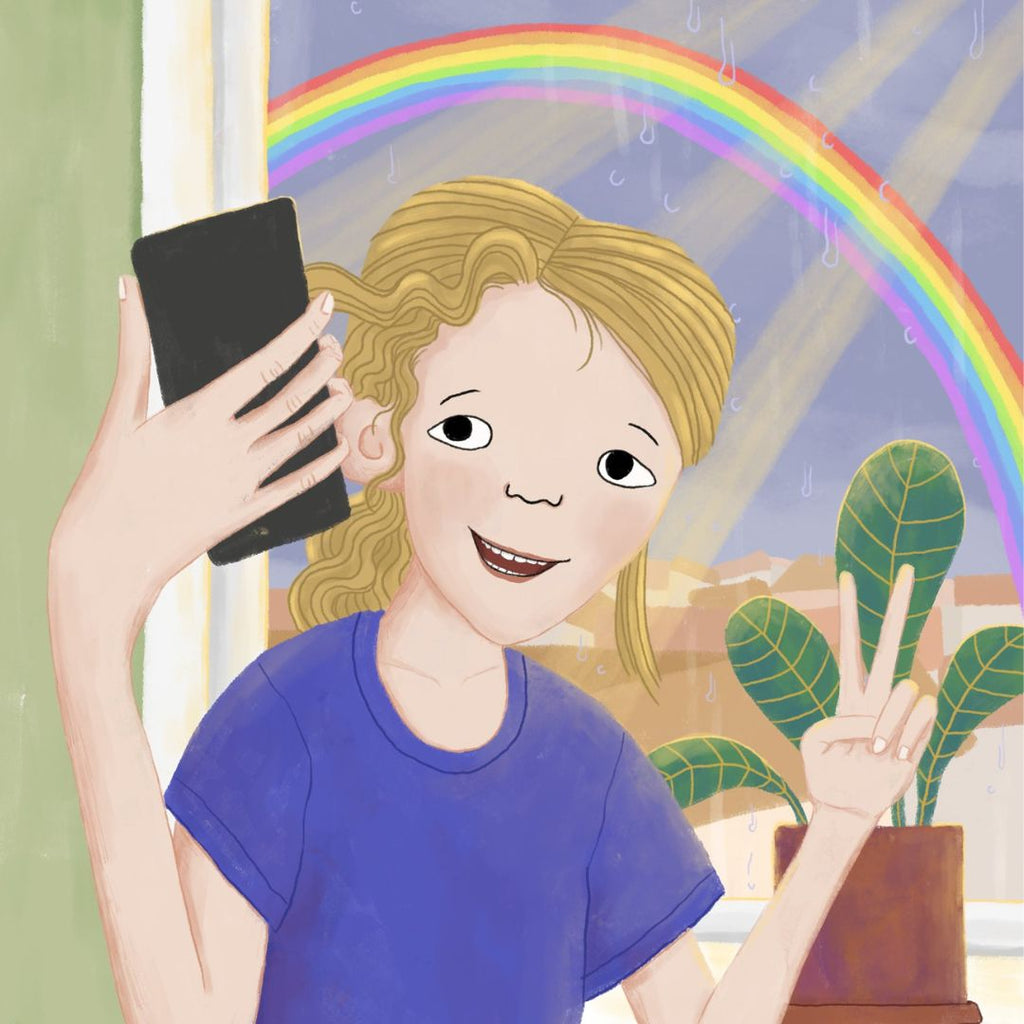 Emma tar en selfie med regnbåge i bakgrunden, från boken Flyg högt, Emma!