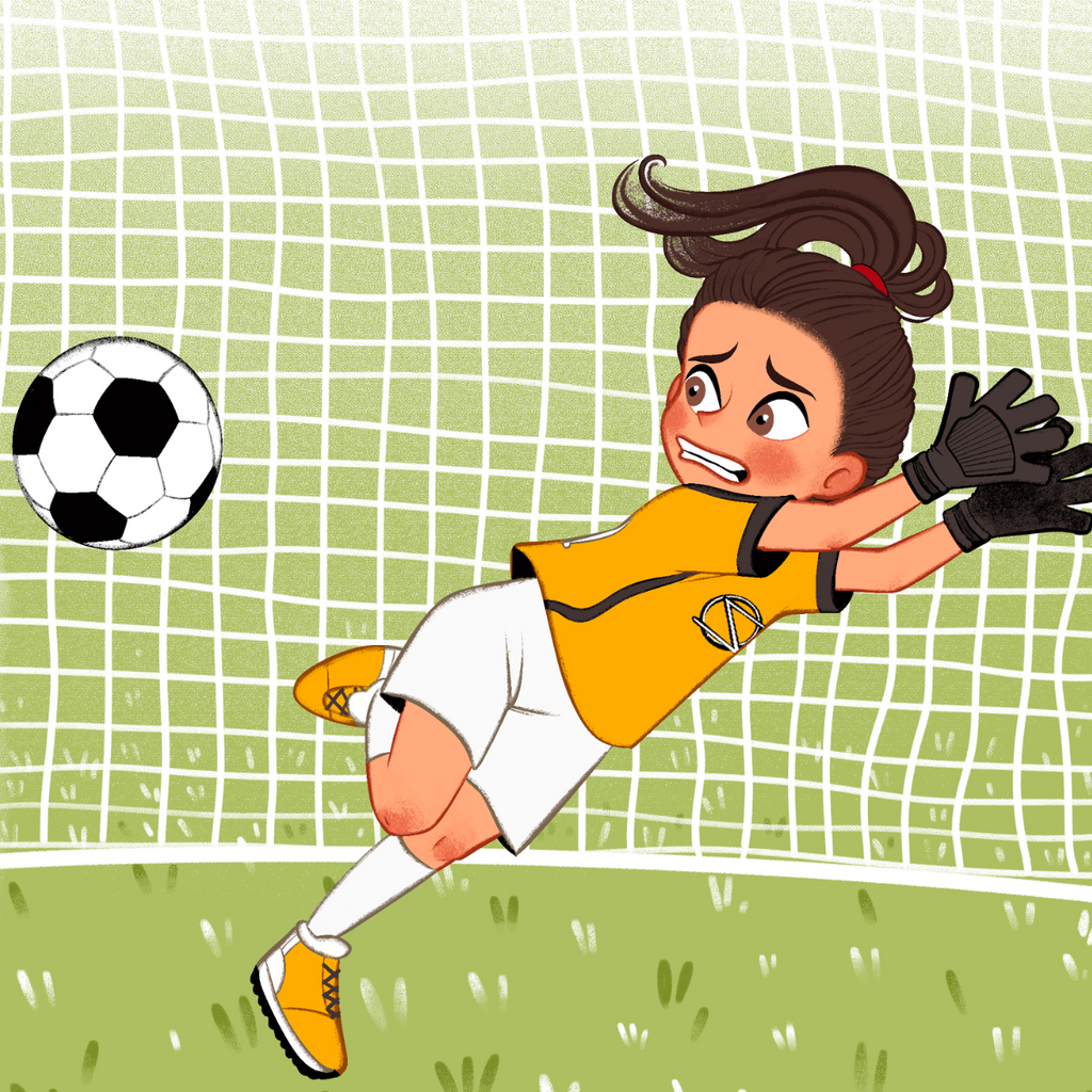 Illustrerad bild av Zećira Mušović som försöker fånga en fotboll påväg in i målet