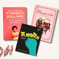 Metodböckerna Typiskt killar!, Blommor och bin och Ta makten syns på vit yta, bredvid böckerna syns kolor i randigt papper 