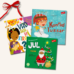 Böckerna Konrad lussar, Vad ska vi fira? och Jul pekbok - barn med olika hudfärger som firar på omslagen