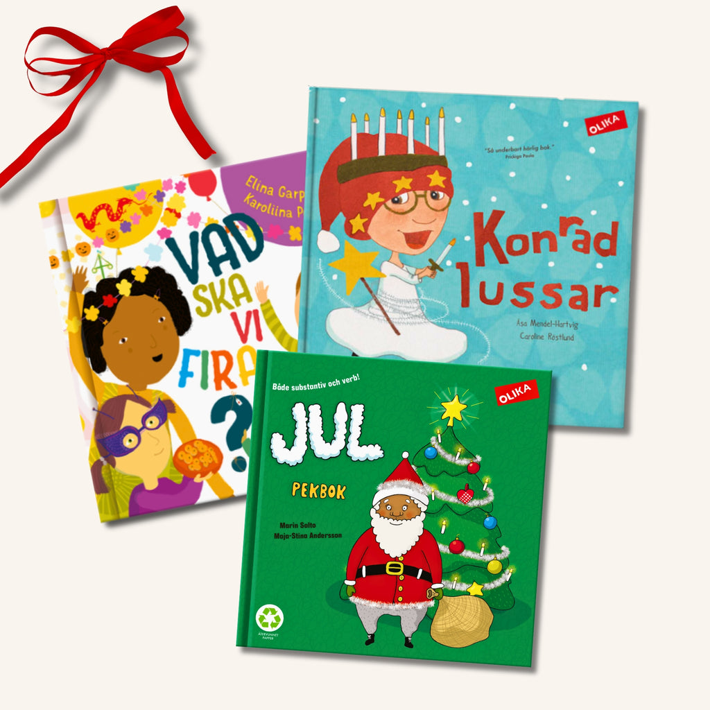 Böckerna Konrad lussar, Vad ska vi fira? och Jul pekbok - barn med olika hudfärger som firar på omslagen