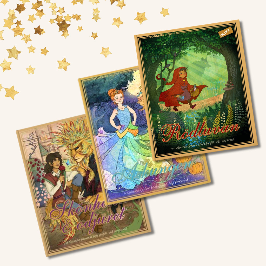 Bilderböckerna Rödluvan, Askungen & Skönheten och Odjuret  på vit yta med guldstjärnor i ena hörnet