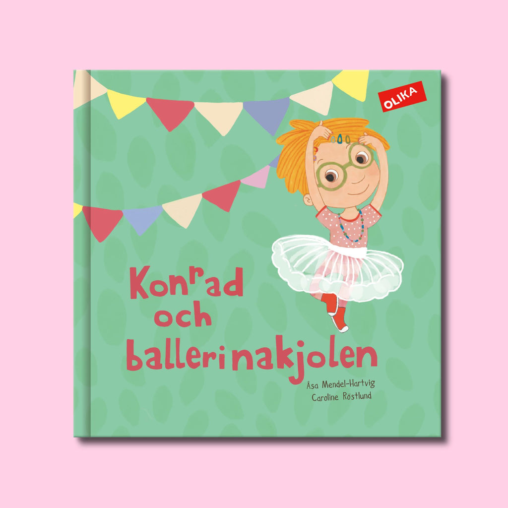 Barnboken Konrad och ballerinakjolen ligger mot en rosa bakgrund.