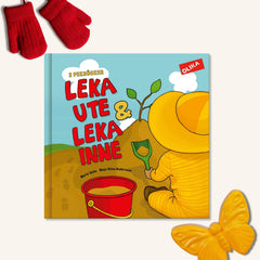 Pekboken Leka ute & inne - 2 böcker i 1! på vit yta. Intill syns ett par röda vantar och en sandform.