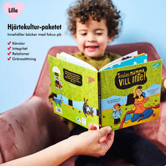 Ett barn läser bilderboken Tesslas pappa vill inte, en vuxen håller också i boken. Även text med information om produkten
