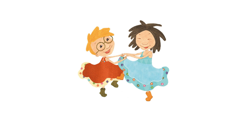 Illustration. Konrad och Hedvig dansar runt i varsin klänning. 