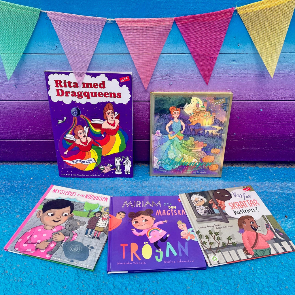 Bokpaket Pride - 3-6 år - En färgglad vimpel och fyra böcker: Askungen, Mysteriet bland höghusen, Miriam och den magiska tröjan och Varför skrattar kusinen? + Rita med Dragqueens