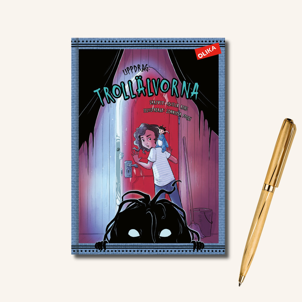 Omslaget till kapitelboken Trollälvorna. Lina med Peppar på axeln, en svart figur med lysande ögon i förgrunden