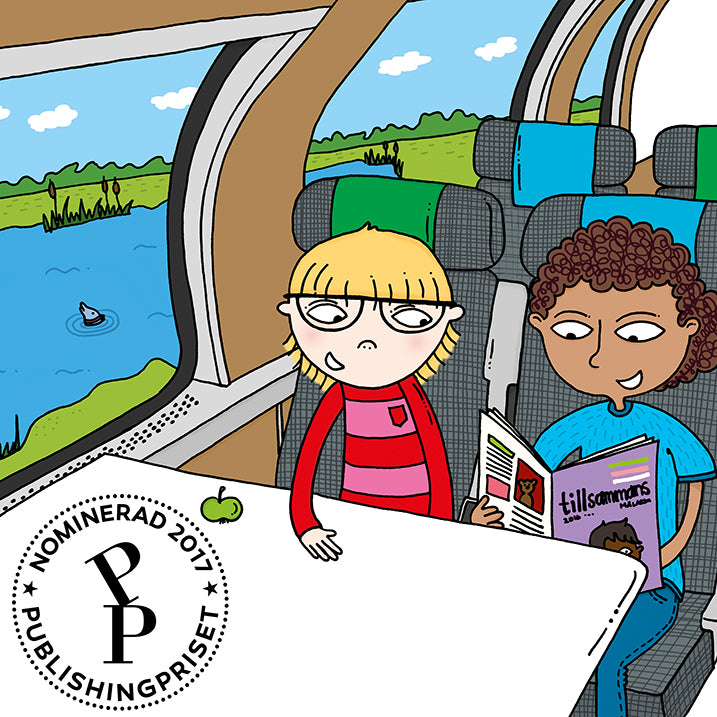 Illustration. Resa och Robin åker tåg och läser en tidning.