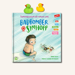 Bilderboken Badbomber & simhopp (samlingsvolym på arli, kále, kelderas, lovari, resanderomani) på vit yta, med 2 badankor

