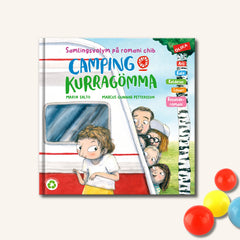 Bilderboken Camping & kurragömma (samlingsvolym) på arli, kále, kelderas, lovari & resanderomani på vit yta med några bollar
