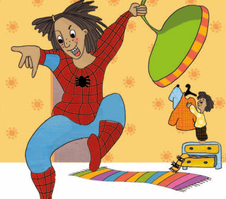 Illustration: Tesslas mamma leker Spindelmannen och hänger i en lampa. 
