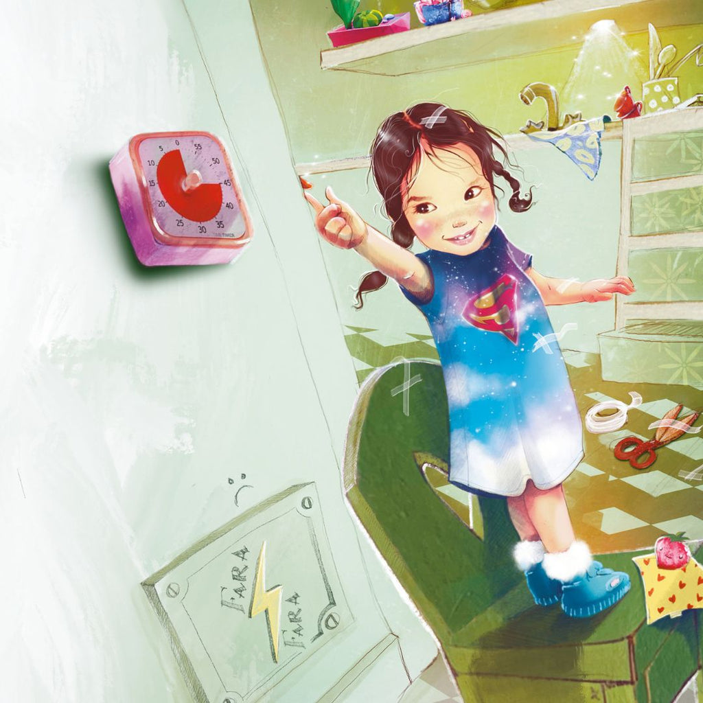Illustration från boken De stökiga systrarna T. Ett barn med autism står på en stol och pekar på en klocka  