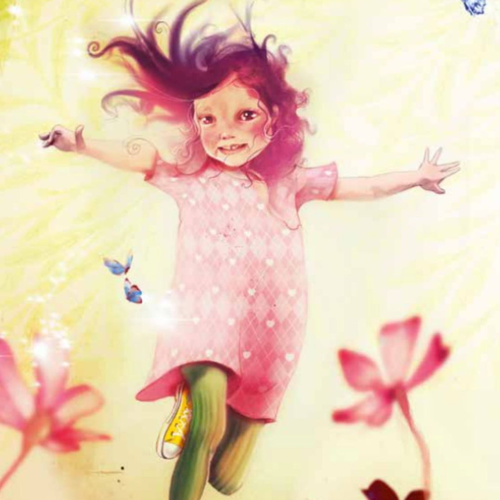 Ett barn med klänning springer på en äng. Illustration från De stökiga systrarna T, en barnbok om tre syskon som har adhd.